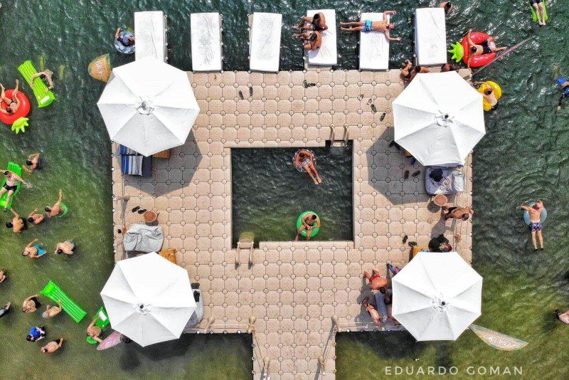 Overhead CanDock modular leisure platform with original floating pool installation